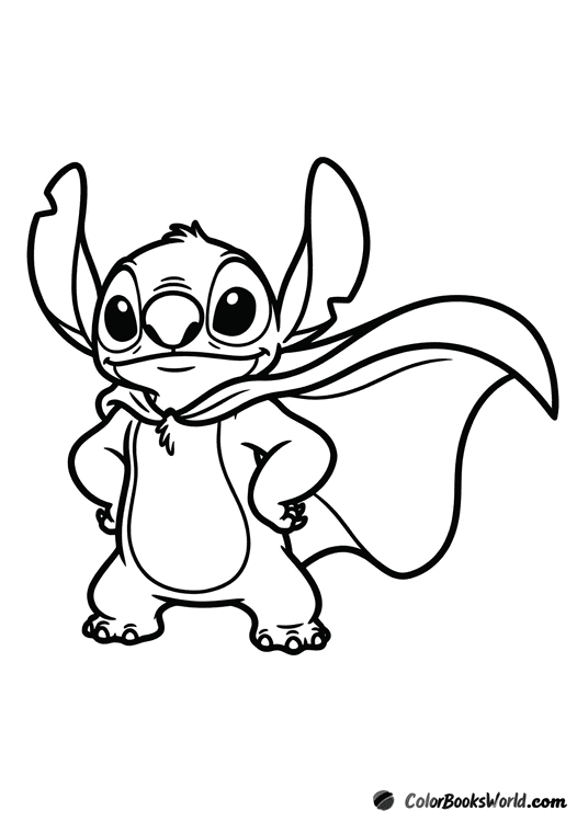 Stitch from Lilo & Stitch poses like a superhero, wearing a flowing cape behind him.