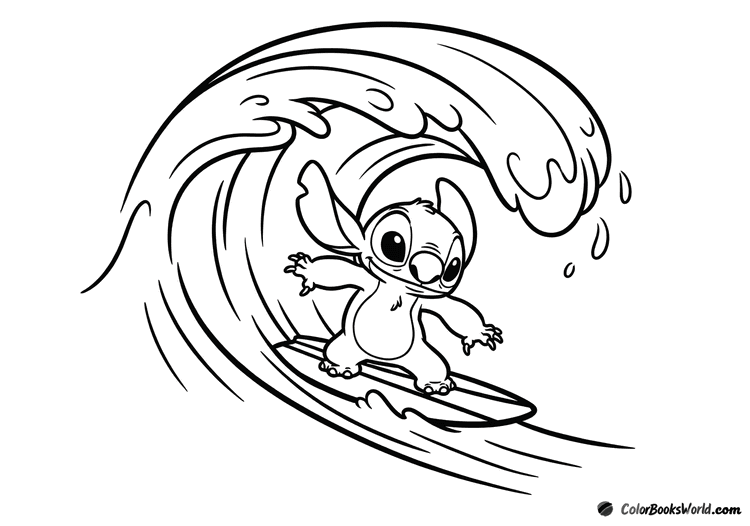 Stitch from Lilo & Stitch surfing on a board atop a stylized ocean wave.