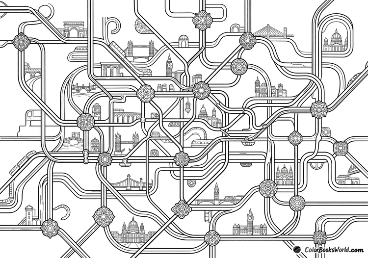 Intricate subway map line art with interweaving tracks, ornate station medallions, and architectural vignettes.