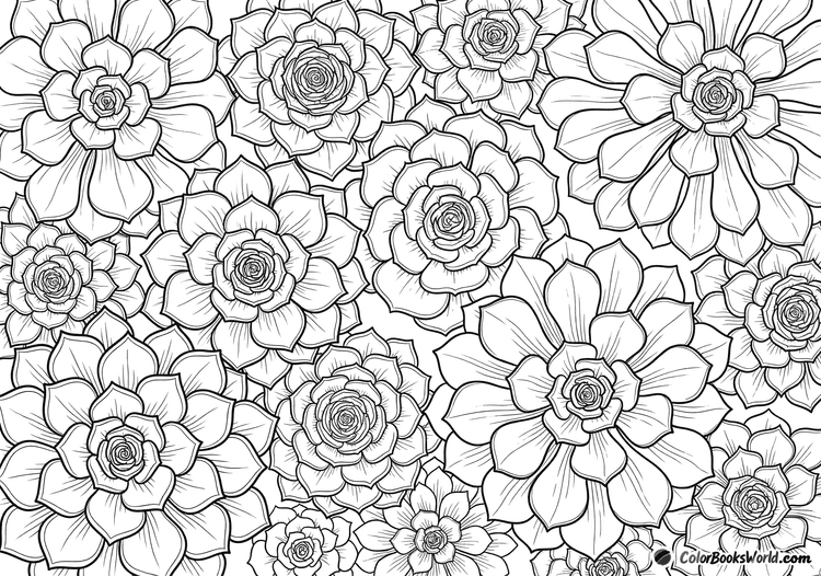 Detailed illustration of overlapping succulent rosettes with layered leaves, including Echeveria and Sempervivum.