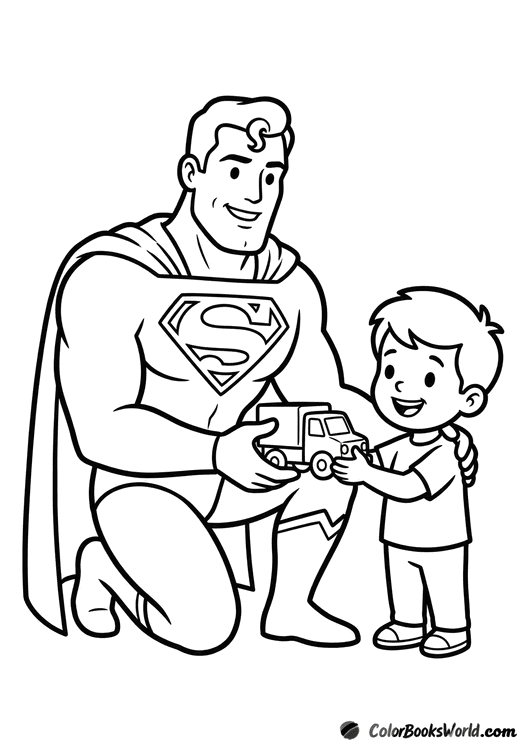 A caped superhero kneels and hands a toy truck to a smiling young boy.