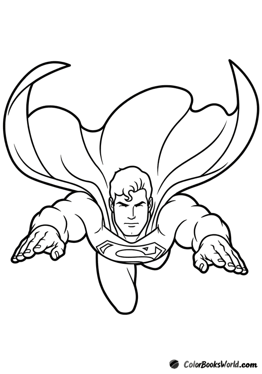 Superman flies forward with arms outstretched and his cape flowing behind him.