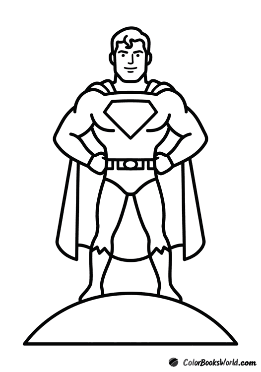 Superman stands proudly on a small hill with his hands on his hips.