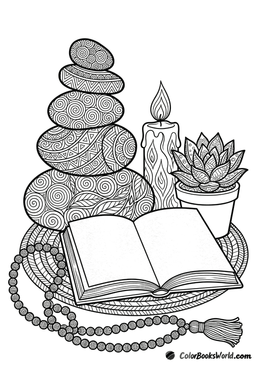 A detailed coloring page featuring stacked zen stones, a candle, an open blank journal, a plant, and mala beads.