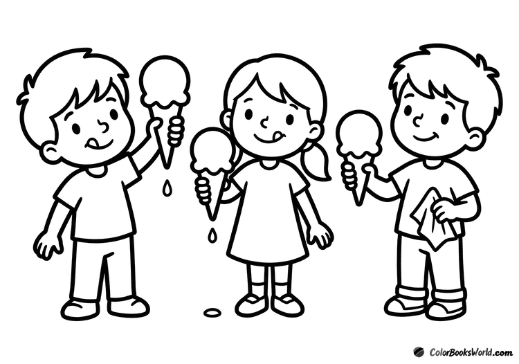 Three children holding single-scoop ice cream cones with drips.