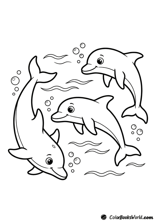 Three cartoon dolphins swim in a circle with bubbles and gentle waves around them.