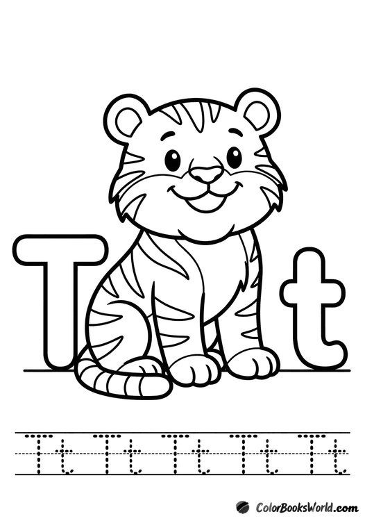 A smiling tiger sits beside big bubble letters T and t, with a dotted tracing line below.