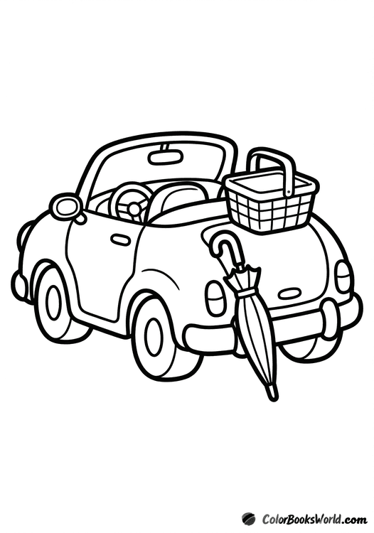 Rear view of a tiny two-seat convertible with a picnic basket and a closed umbrella.
