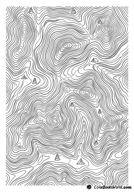 Intricate topographic line art of a mountain range with contour lines, dotted hiking trails, and tiny tent icons.