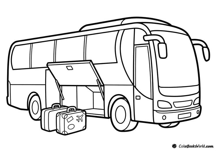 Cartoon tourist coach with an open luggage compartment and two suitcases, one with a travel sticker outline.