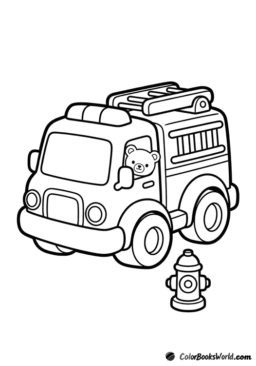 Toy fire truck with big wheels, a teddy bear in the cab, and a small fire hydrant.