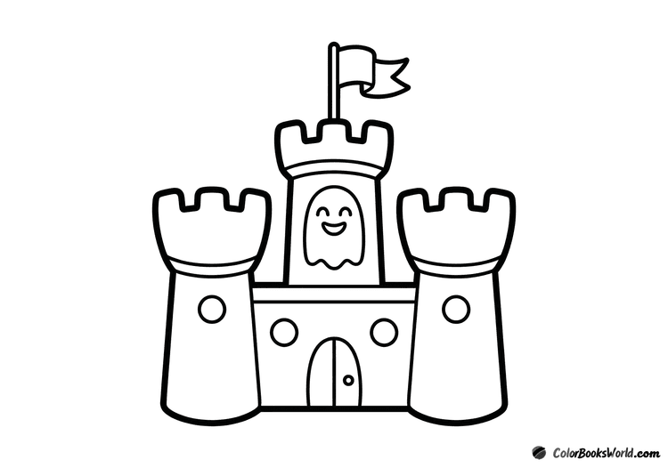 Toy-like ghost castle with two rounded turrets, a smiling ghost face on the main tower, and a pennant flag.