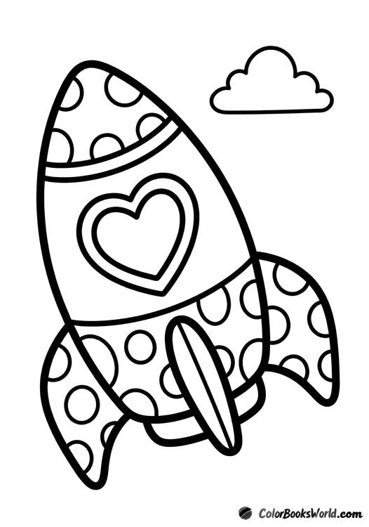 Cute toy rocket with polka-dot panels, a heart-shaped window, and a small cloud nearby.