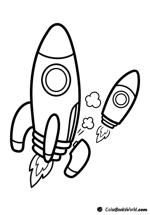 A cartoon two-stage rocket separates from its booster with small puffs in space.