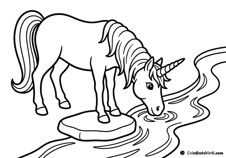 A unicorn bends its neck to drink from a winding stream beside a flat stepping stone.