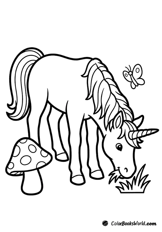 A friendly unicorn grazes on grass beside a large mushroom as a butterfly flutters nearby.