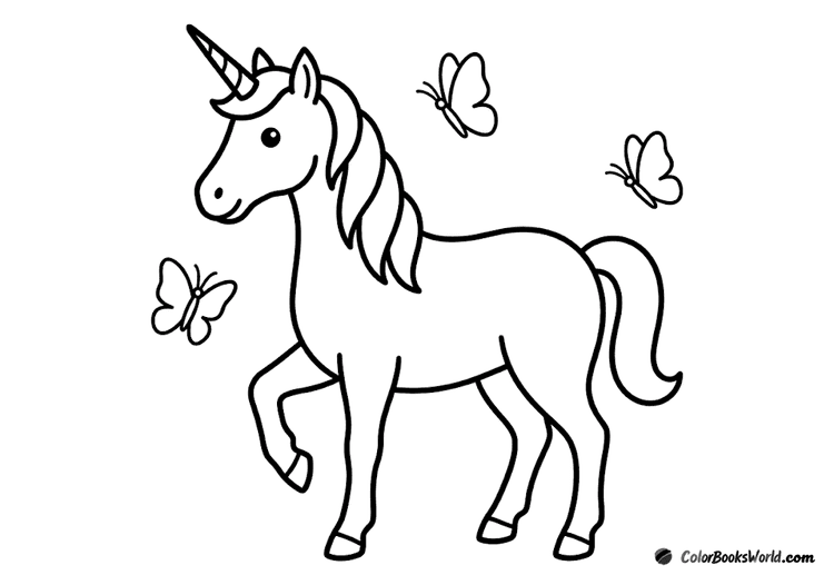 A standing unicorn surrounded by three butterflies fluttering nearby.