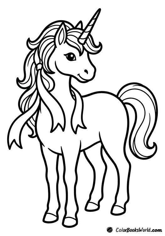 A standing unicorn with two ribbons flowing from its long mane.