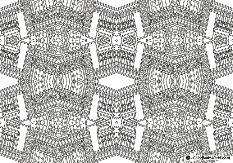 Intricate line art showing mirrored building facades, ornate windows, and balconies in a symmetrical urban tessellation.