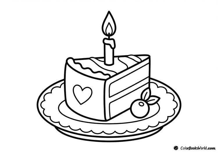 Heart-decorated cake slice on a scalloped plate with a candle and a berry.