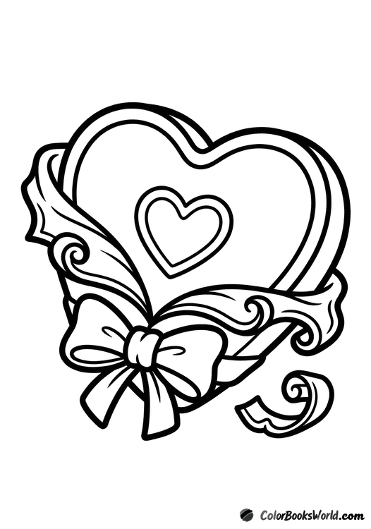 A heart-shaped chocolate partly unwrapped, tied with a ribbon bow, with a small wrapper piece nearby.