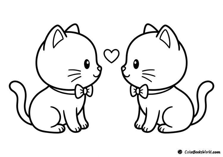 Two round kittens sit facing each other with a small heart between their noses and bows on their necks.