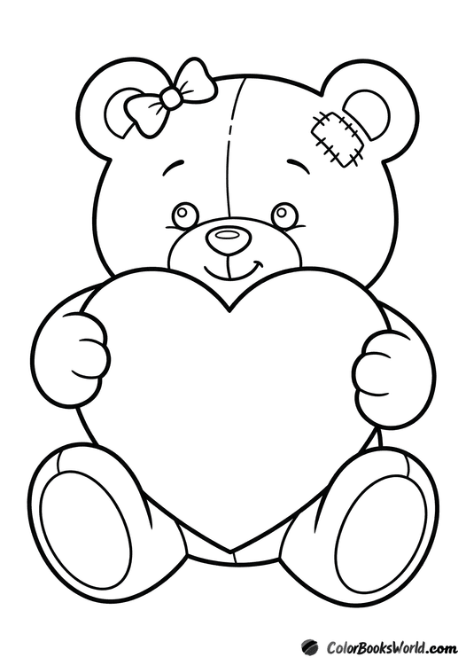 A plush teddy bear sits holding a large heart, with a small bow and a stitched ear patch.