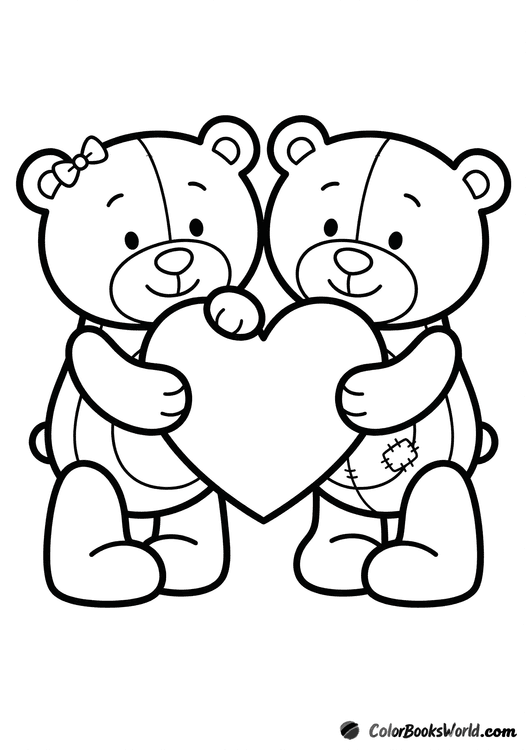 Two teddy bears sit together holding a large heart; one has an ear bow and the other a stitched patch.