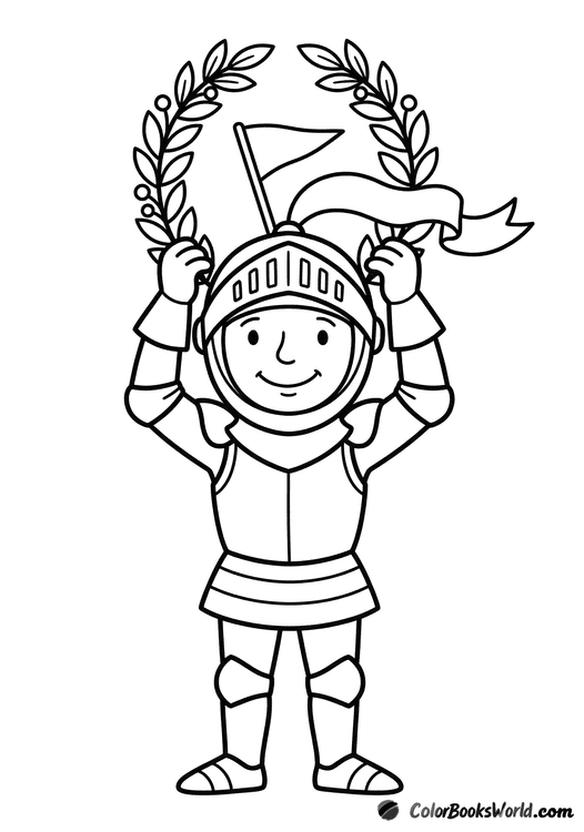 Cartoon knight holding a laurel wreath above his helmet, with a small pennant and ribbon.