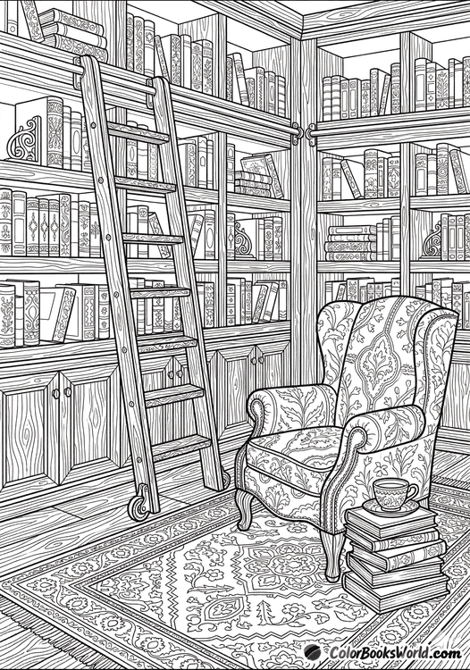 Detailed line art of a vintage bookstore with tall shelves, a rolling ladder, and a cozy armchair.