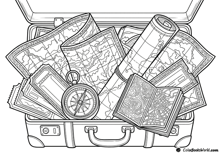 Detailed line art of an open vintage suitcase overflowing with folded maps, travel tickets, and a compass.