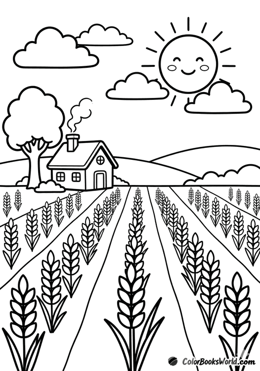 Cartoon wheat field with a small farmhouse, a lone tree, and a smiling sun overhead.