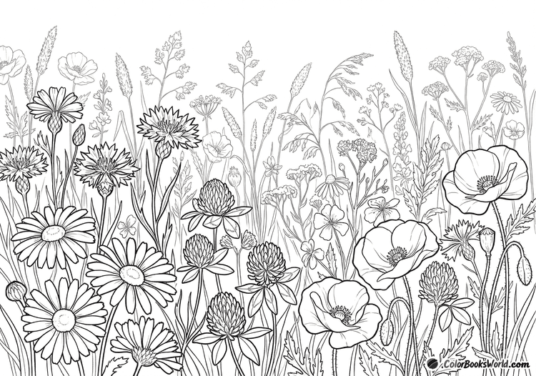 Wildflower meadow landscape with poppies, daisies, cornflowers, and tall grasses.