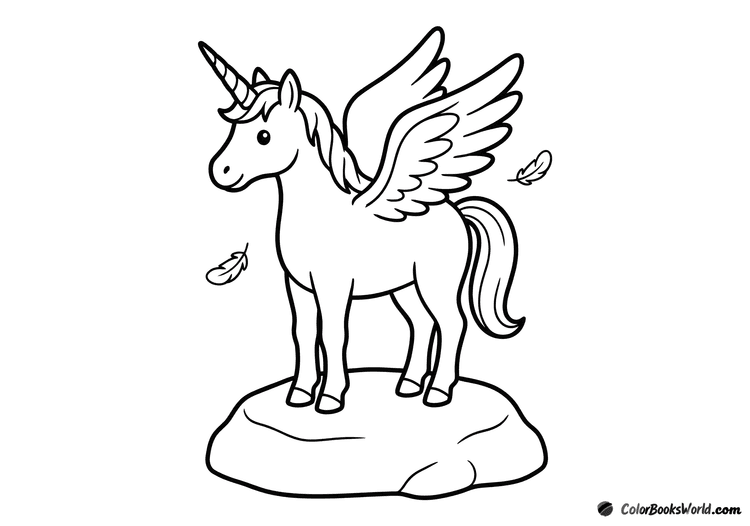 A winged unicorn stands on a rounded rock with wings partly open as feathers drift nearby.
