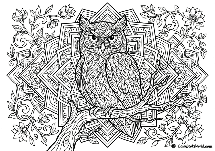 A detailed owl perched on a gnarled branch, framed by geometric mandala panels and vines.