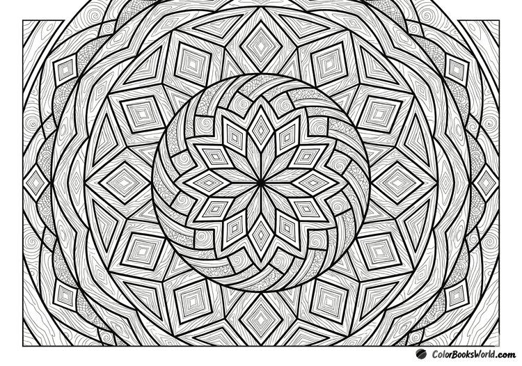 Geometric mandala with wood grain textures, marquetry-style inlay patterns, and repeating diamond shapes.