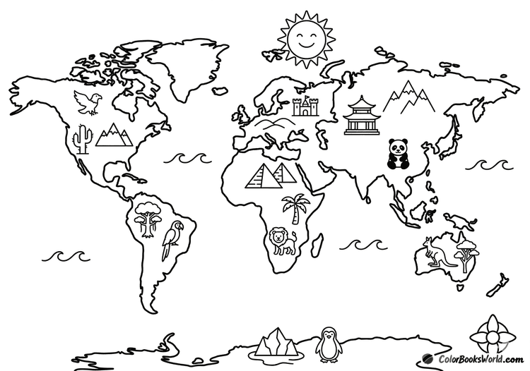 Simplified world map with continent outlines, featuring pyramids, a panda, a kangaroo, and penguins.
