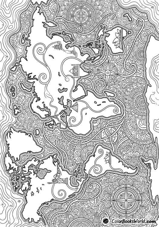 Intricate world map line art featuring global landmarks connected by travel routes with mandala patterns in the oceans.