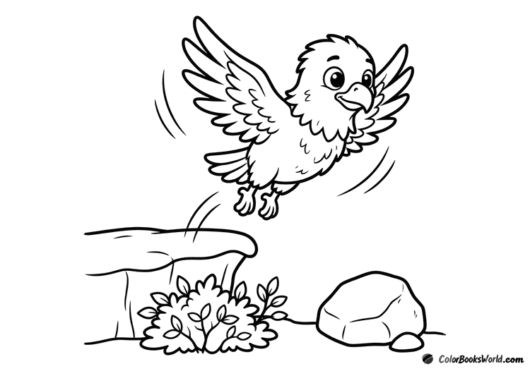 A young eagle takes its first flight from a low cliff, with simple motion lines and a small bush.