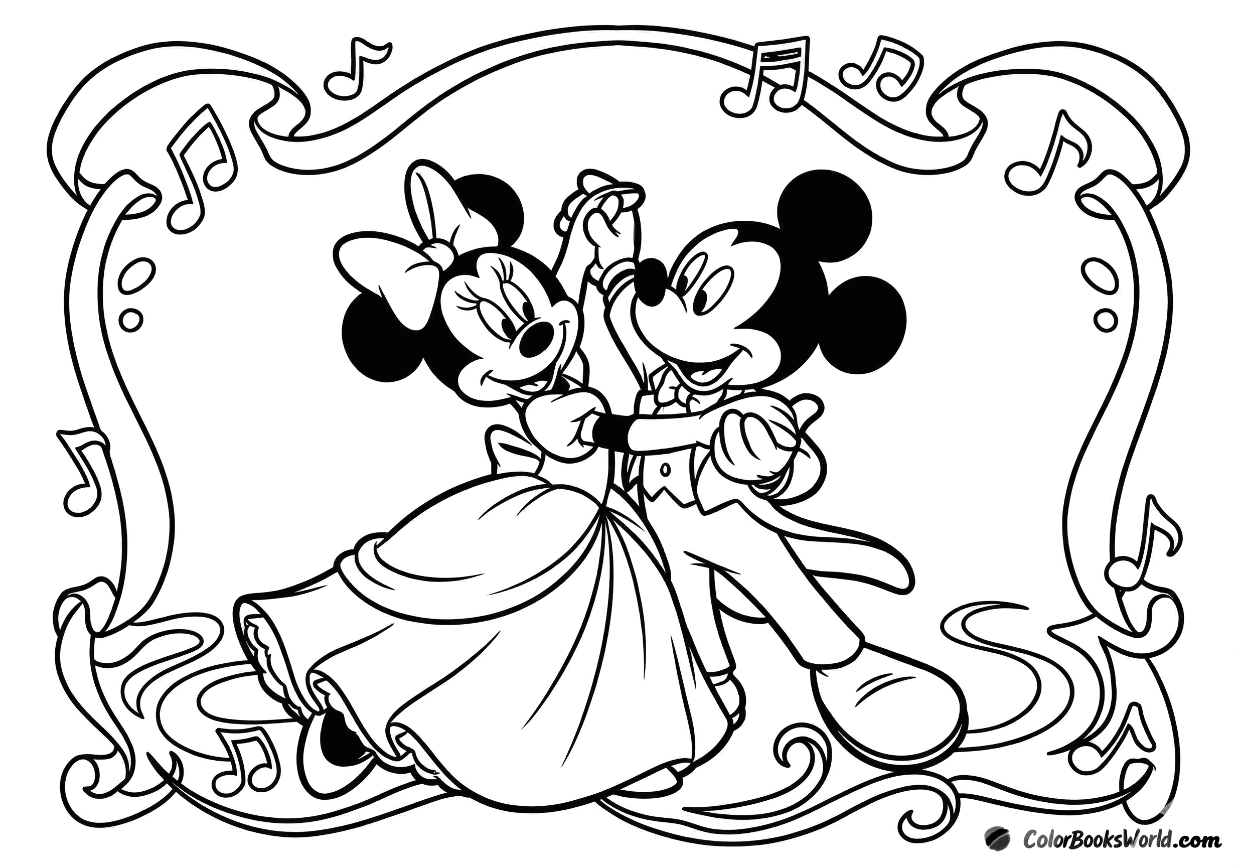 Mickey and Minnie Mouse dancing in a ballroom pose, surrounded by ribbons and musical notes.