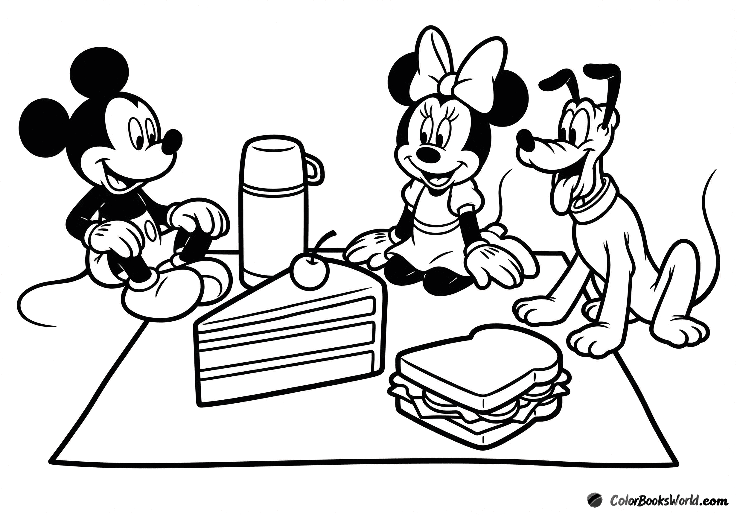 Micky, Minnie und Pluto sitzen auf einer Picknickdecke mit Sandwich, Kuchen und Thermoskanne.