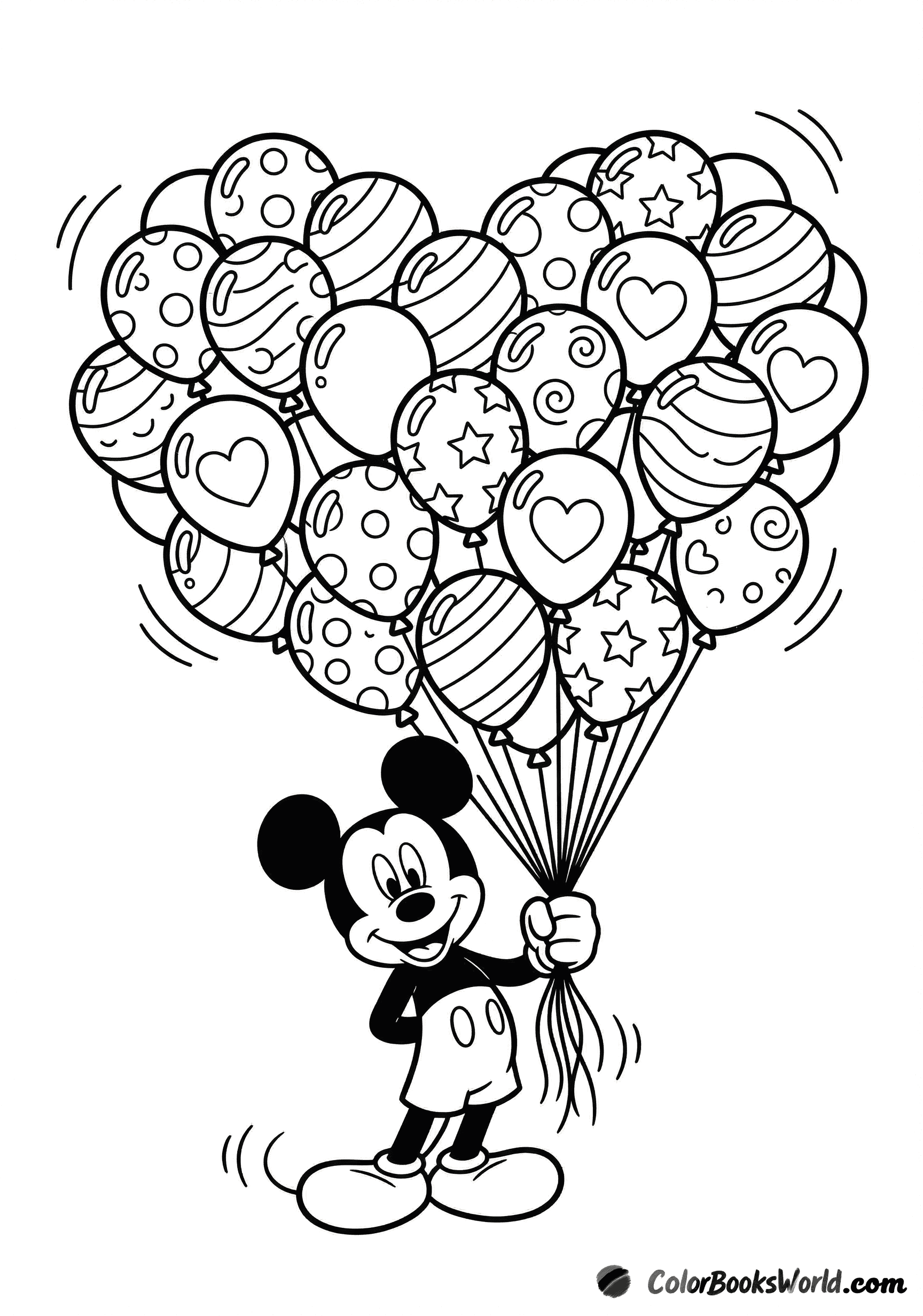 Mickey Mouse smiling while holding a heart-shaped bouquet of patterned balloons.