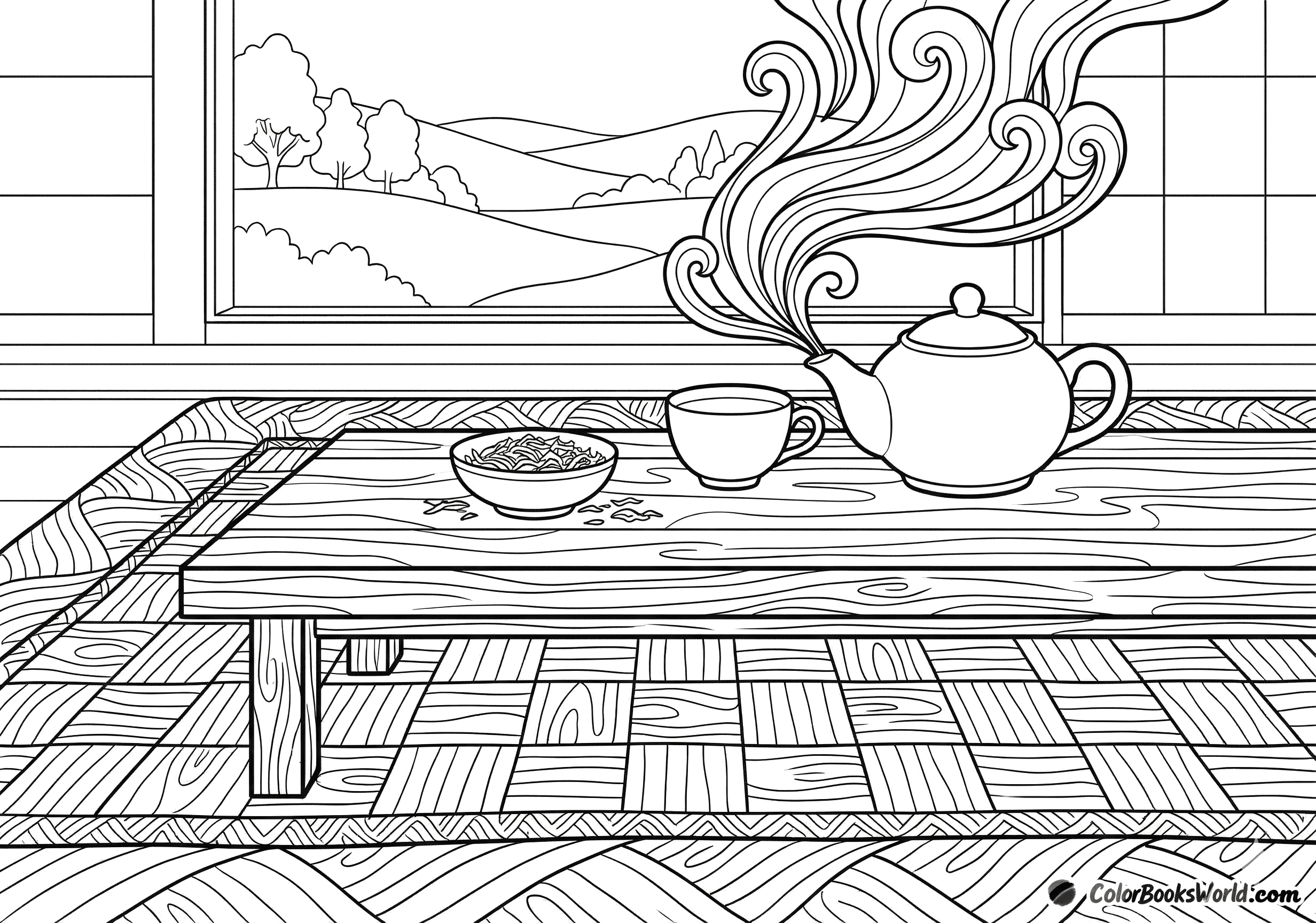 A teapot and cup on a wooden table with swirling steam patterns and a window view of rolling hills.