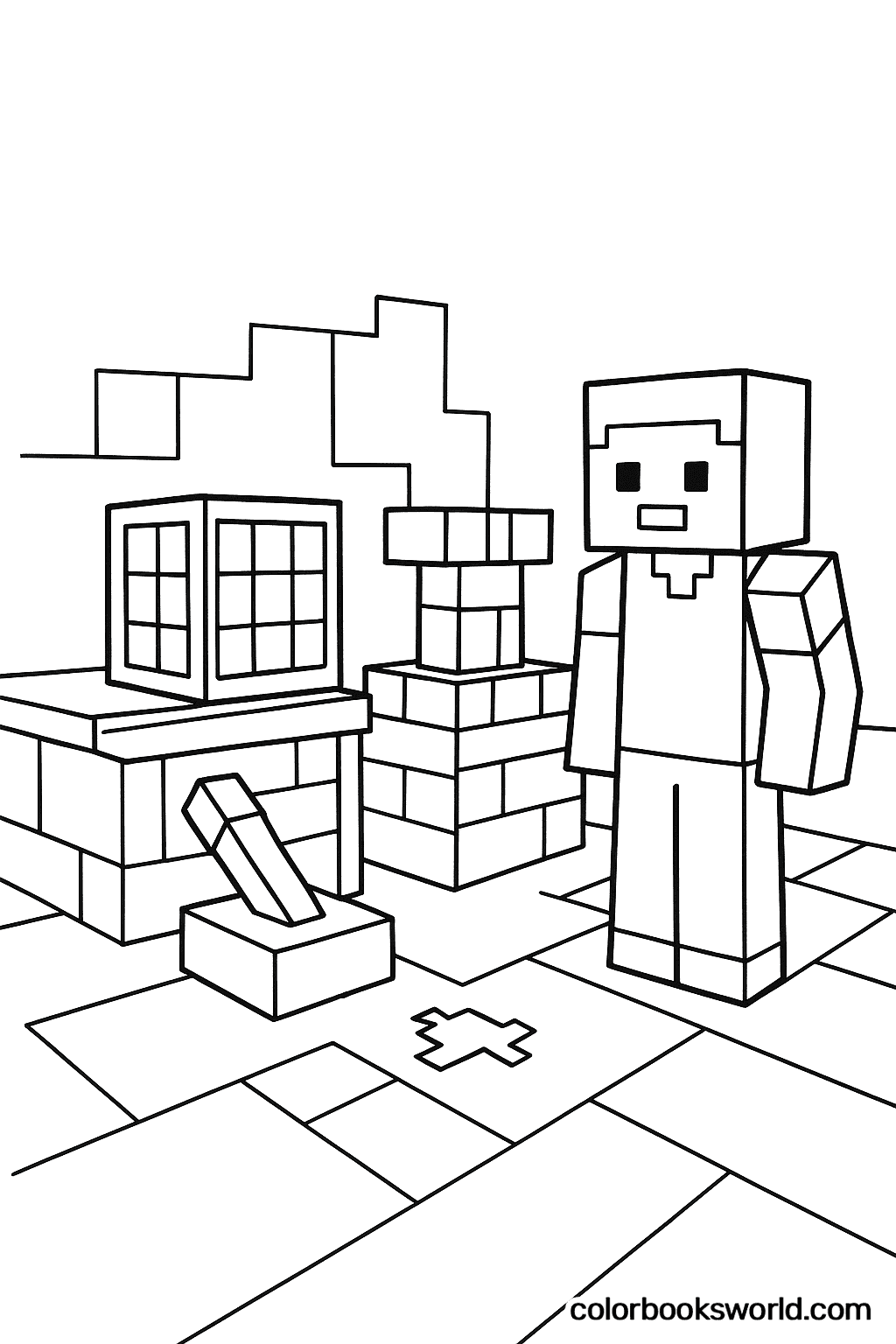Blocky Minecraft player beside a crafting table, lever, and short stone chimney on a tiled floor.