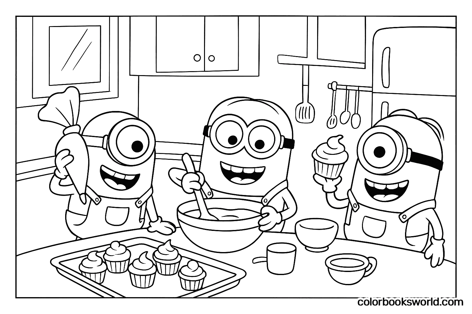 Three Minions bake cupcakes in a kitchen, mixing batter and holding a cupcake.