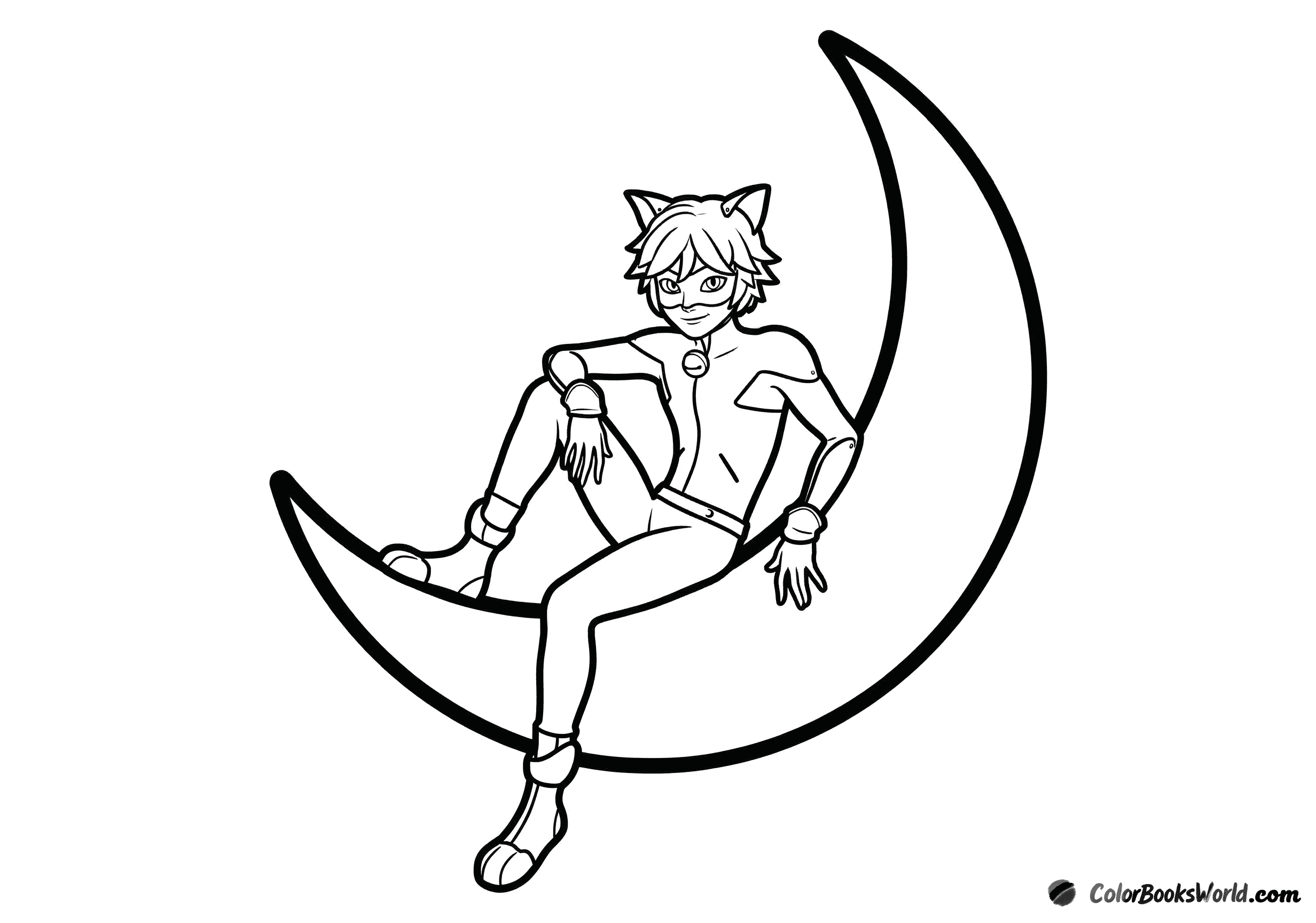 Cat Noir sits casually on a large crescent moon, drawn with clean bold outlines.