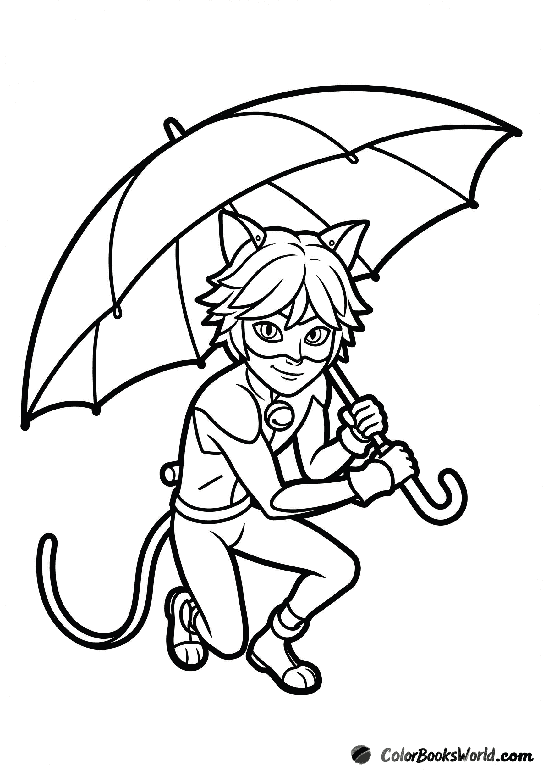 Cat Noir from Miraculous holding a large umbrella in a playful pose.