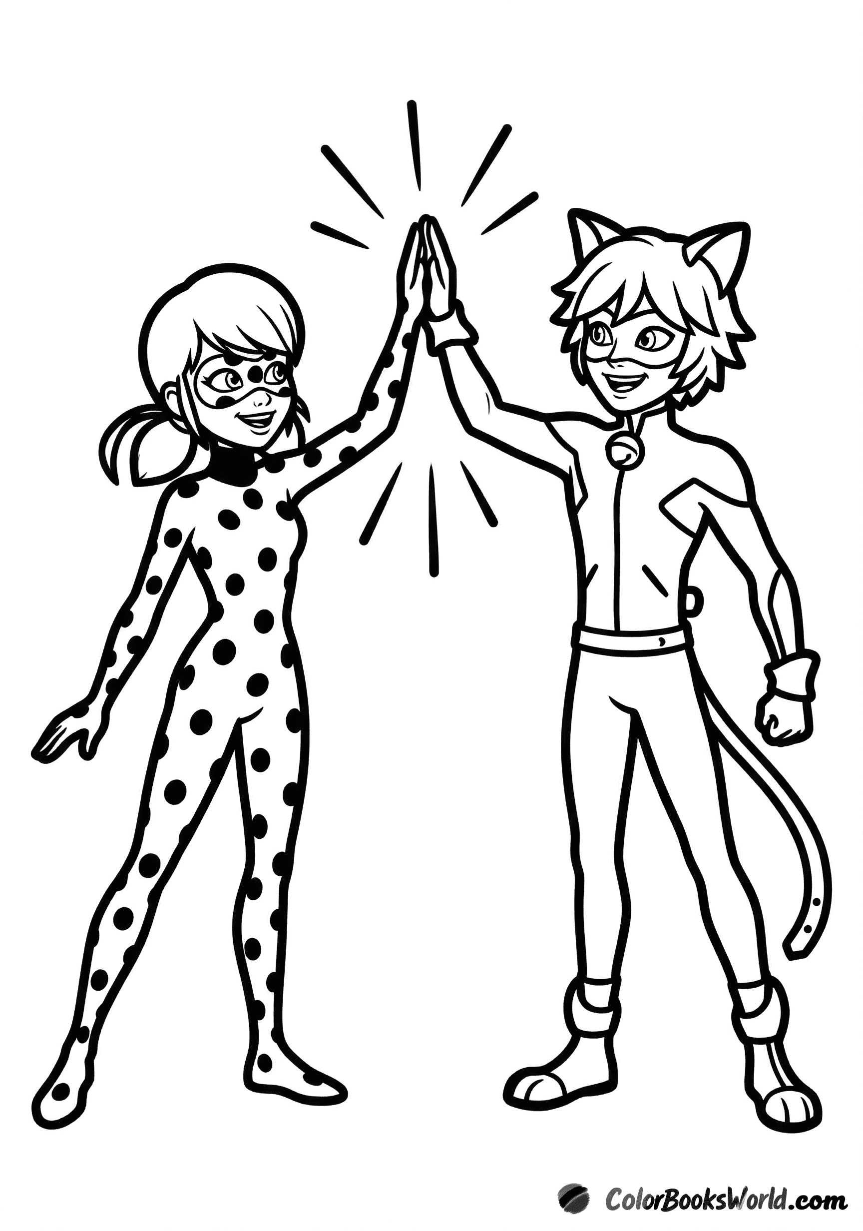 Ladybug and Cat Noir share a joyful high five, smiling as they celebrate together.