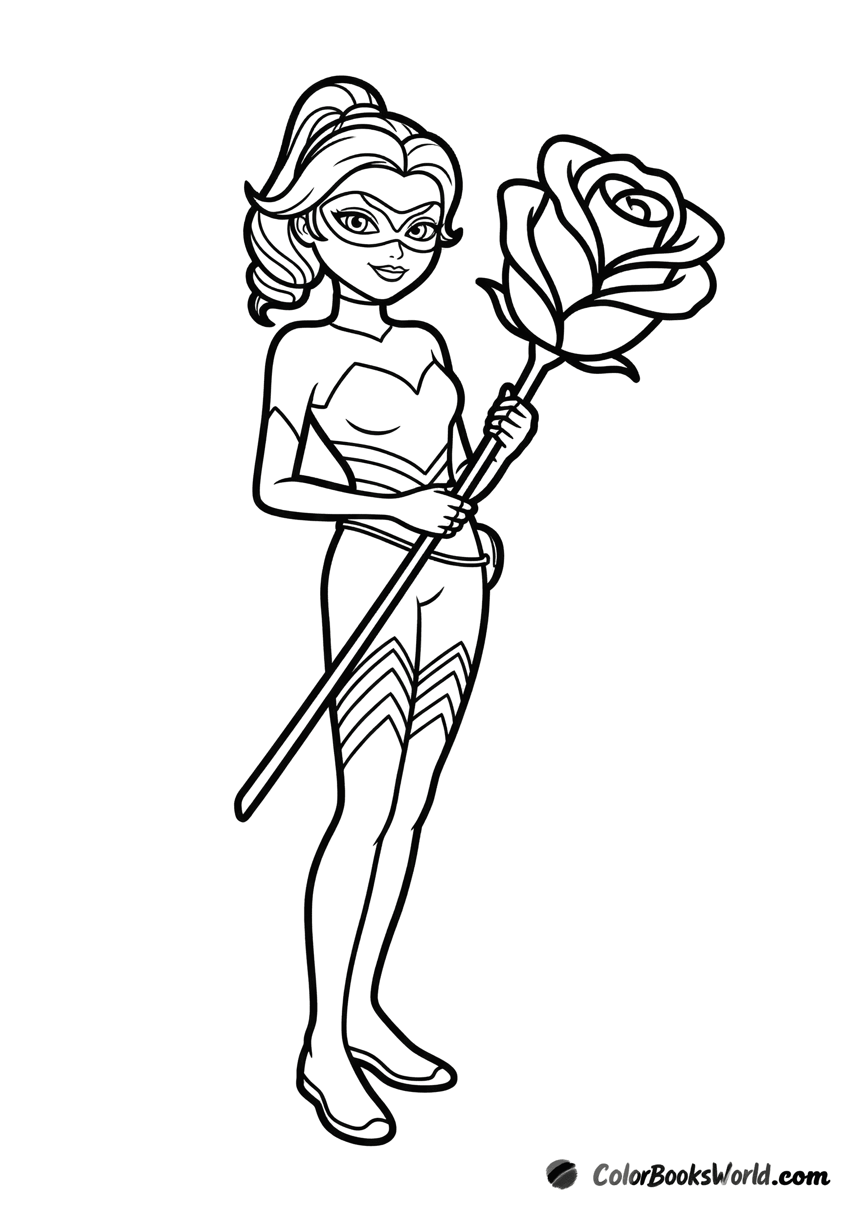 Queen Bee stands in an elegant pose, holding a large rose.