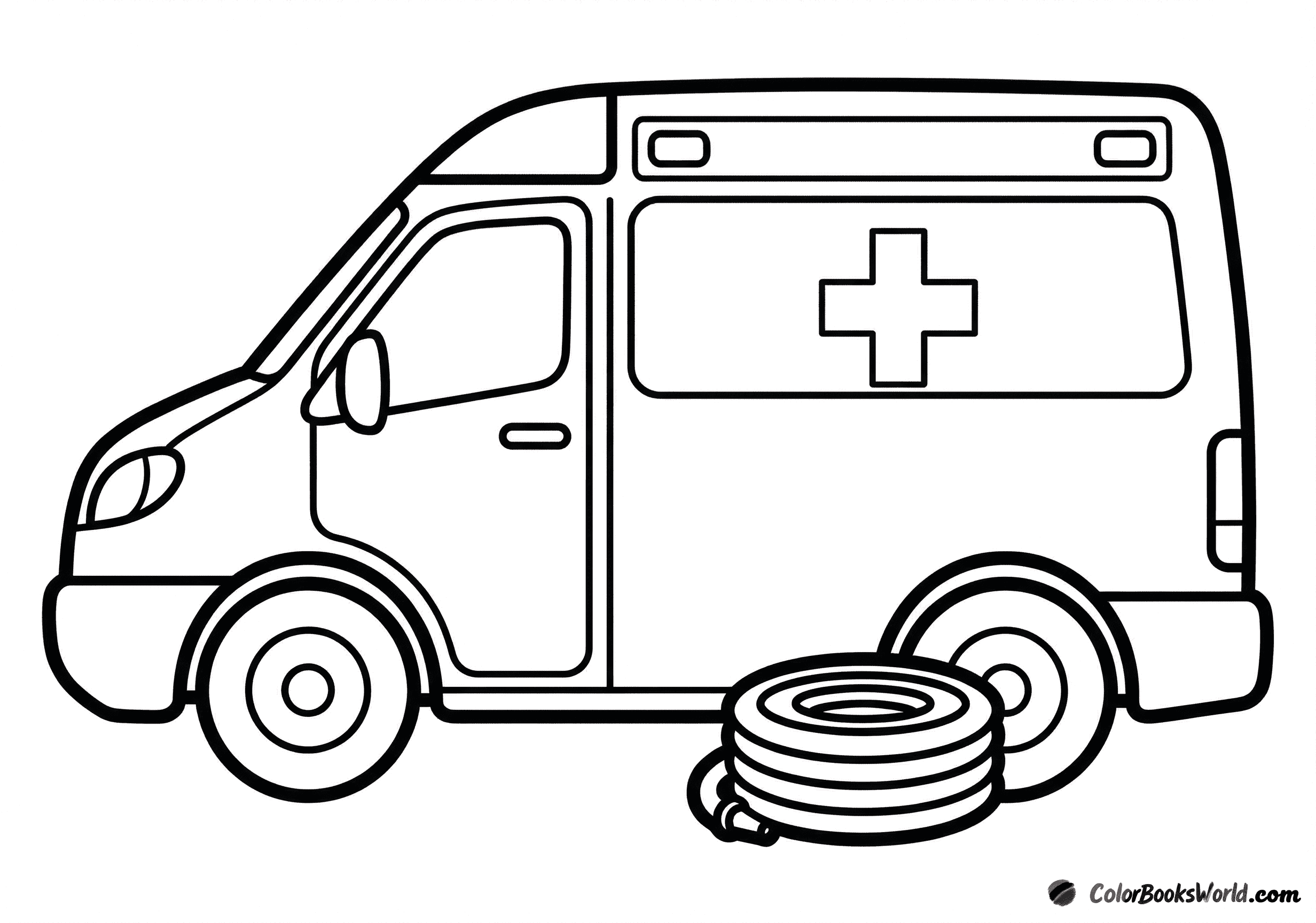 Sideprofil af en moderne ambulance i varevognsstil med et medicinsk kors på døren og en sammenrullet slange ved hjulet.